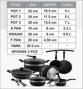 Set of cookware with dimensions and capacities displayed on a white background